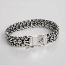 Load image into Gallery viewer, 925 Sterling Silver Ukrainian Tryzub Heavy Bracelet Blackened Byzantine Chain