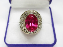 Load image into Gallery viewer, Top View of Vintage Soviet 875 Sterling Silver Filigree Oval Ruby Ring in Presentation Box