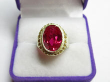 Load image into Gallery viewer, Side View of Vintage USSR 875 Silver Gilt Ring featuring Oval Ruby and Openwork Details