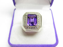 Load image into Gallery viewer, Vintage USSR 875 Silver Amethyst Signet Ring – Art Deco-Inspired Emerald Cut Halo, Size 7.75