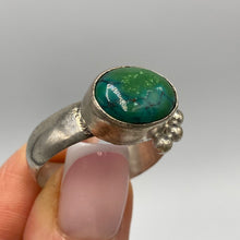Load image into Gallery viewer, Antique Russian 84 silver ring with a natural turquoise cabochon, size 13.5, featuring intricate metalwork design.