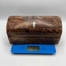 Load image into Gallery viewer, Vintage carved wood treasure chest jewelry box set with rustic inlay detailing, perfect for jewelry storage and collection display.