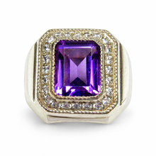Load image into Gallery viewer, Vintage USSR 875 silver Art Deco-inspired signet ring featuring a rectangular emerald-cut purple amethyst, sparkling clear stone halo, and bold geometric design, size 7.75.