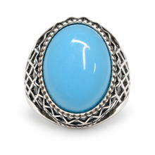 Load image into Gallery viewer, Vintage 925 sterling silver ring featuring a large oval sky-blue agate cabochon, decorative beaded border, and geometric latticework shoulders, US size 9.5.