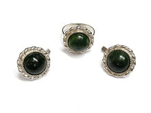 Load image into Gallery viewer, Close-up of Dark Green Natural Jade Cabochon on Vintage 925 Sterling Silver Ring