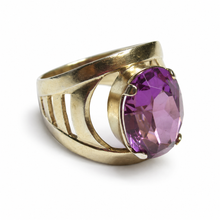 Load image into Gallery viewer, Side view of vintage USSR gold-gilt 875 silver amethyst ring featuring a raised oval purple gemstone and bold Retro Modernist openwork band.