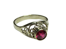 Load image into Gallery viewer, Side View of Vintage Soviet 875 Sterling Silver Filigree Ring featuring Round Ruby and Floral Openwork
