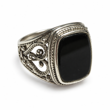 Load image into Gallery viewer, Side view of vintage sterling silver 925 black agate ring with intricate Art Nouveau-inspired scrollwork, silver bead accents, and decorative openwork shoulders.