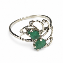 Load image into Gallery viewer, Side view of vintage 925 silver green agate ring showing two prong-set pear-shaped gemstones, flowing silver scrollwork, and delicate CZ accents.