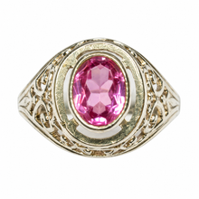 Load image into Gallery viewer, Vintage Soviet USSR 875 silver ring with faceted oval pink amethyst, ornate filigree scrollwork, openwork shoulders, and decorative oval setting, US size 7.75.