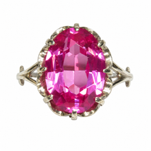 Load image into Gallery viewer, Vintage USSR 875 silver statement ring featuring a large oval-cut vibrant pink amethyst, decorative prong setting, and elegant split-shank band, size 9.5.