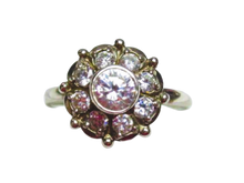 Load image into Gallery viewer, Vintage sterling silver statement ring with cubic zirconia, women's size 7.75, featuring intricate design and shiny gemstone accents.