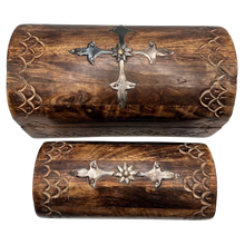 Load image into Gallery viewer, Vintage Carved Wood Treasure Chest Jewelry Box Set with Rustic Inlay