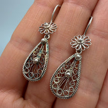 Load image into Gallery viewer, Close-up of Vintage 925 Sterling Silver Filigree Teardrop Dangle Earrings