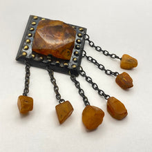 Load image into Gallery viewer, Close-up of Vintage USSR Natural Baltic Amber Brutalist Brooch with Dangle Chains