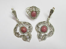 Load image into Gallery viewer, Pair of Matching Vintage 925 Sterling Silver Rhodonite Drop Earrings with Openwork