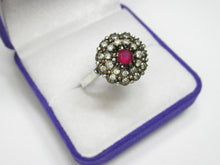 Load image into Gallery viewer, Profile View of Vintage Unusual 925 Silver Ruby Cluster Ring showing Band and Setting