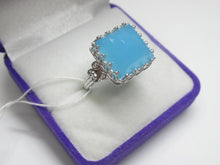 Load image into Gallery viewer, Vintage 925 Sterling Silver Blue Agate Cocktail Ring – Faceted Cushion-Shaped Stone & Ornate Scrollwork, Size 8.5