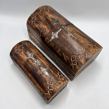 Load image into Gallery viewer, Large Vintage Carved Wooden Treasure Chest Jewelry Box with Rustic Inlay