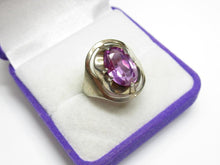 Load image into Gallery viewer, Side View of Vintage Soviet 875 Silver Gilt Amethyst Solitaire Ring with Open Swirl Frame