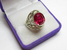 Load image into Gallery viewer, Profile View of Vintage Soviet Sterling Silver 875 Filigree Ruby Ring with Floral Motifs