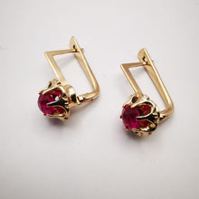 Load image into Gallery viewer, Close-up of Vintage Soviet 14K Rose Gold Ruby Leverback Earrings