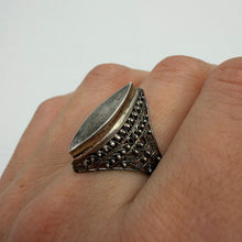 Load image into Gallery viewer, Vintage 925 silver filigree marquise statement ring for women, size 7.25, featuring intricate silver craftsmanship and elegant design.