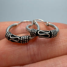 Load image into Gallery viewer, Close-up of Vintage 925 Sterling Silver Bali Hoop Earrings with Textured Pattern