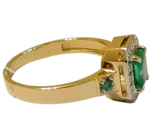 Load image into Gallery viewer, Close-up of Natural Emerald-Cut Emerald with Diamond Halo on 14K 585 Yellow Gold Ring