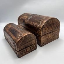 Load image into Gallery viewer, Small Hand Carved Wooden Keepsake Box with Rustic Inlay Design