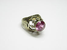 Load image into Gallery viewer, Vintage 875 silver amethyst ring on a white surface, showing the raised round stone, open arches and clustered bead details.