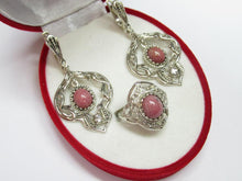 Load image into Gallery viewer, Side View of Vintage Sterling Silver Rhodonite Ring and Earrings Set