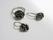 Load image into Gallery viewer, Side View of Vintage Sterling Silver Rose Flower Ring and Earrings Set