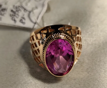 Load image into Gallery viewer, Close-up of Large Faceted Pink-Purple Synthetic Ruby on Vintage USSR 583 Gold Ring