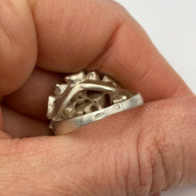 Load image into Gallery viewer, Vintage 925 Sterling Silver CZ cluster dome ring with trilliant cut stones, size 6.5, featuring intricate silver detailing.
