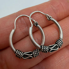 Load image into Gallery viewer, Back View of Vintage 925 Sterling Silver Bali Hoop Earrings with 925 Hallmark