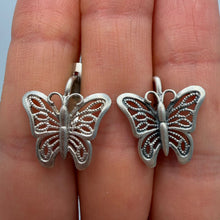 Load image into Gallery viewer, Intricate Butterfly Filigree Design on Vintage Sterling Silver Dangle Earrings