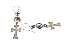 Load image into Gallery viewer, Back View of Handmade 875 Sterling Silver Cross Drop Earrings
