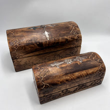Load image into Gallery viewer, Interior of Vintage Wooden Treasure Chest Jewelry Box