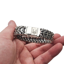 Load image into Gallery viewer, 925 Sterling Silver Ukrainian Tryzub Heavy Bracelet Blackened Byzantine Chain