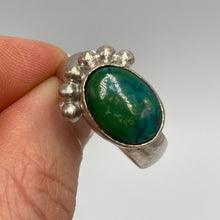 Load image into Gallery viewer, Antique Russian silver ring with a natural turquoise cabochon, size 13.5, featuring intricate silver detailing and a bold statement design