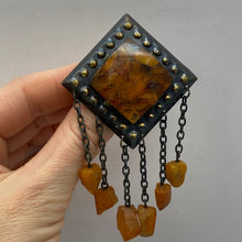 Load image into Gallery viewer, Vintage USSR Statement Pin with Natural Baltic Amber and Chain Tassels