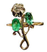 Load image into Gallery viewer, Side View of Antique Russian 56 Gold Openwork Branch Ring with Emeralds and Diamond