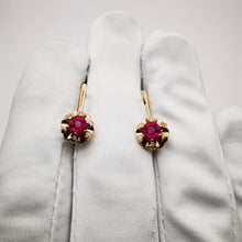 Load image into Gallery viewer, Vintage Leverback Earrings in 14K Rose Gold with Round Ruby Gemstones
