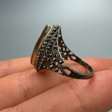 Load image into Gallery viewer, Vintage 925 sterling silver filigree marquise statement ring for women, size 7.25 with intricate metalwork design.