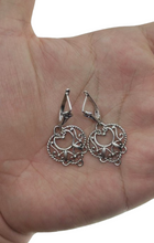 Load image into Gallery viewer, Detailed Floral Filigree Pattern on Vintage Heart Dangle Earrings