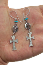 Load image into Gallery viewer, Elegant Vintage Sterling Silver Turquoise Cross Drop Earrings