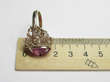 Load image into Gallery viewer, Side view of an 875 silver gilt amethyst filigree ring beside a metric ruler, showing the setting and band profile.