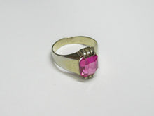 Load image into Gallery viewer, Vintage 875 silver gilt amethyst ring on a white surface, showing the band and grooved setting around the rectangular stone.