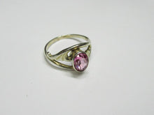 Load image into Gallery viewer, Vintage 875 silver gilt amethyst ring on a white surface, showing the slim band, open shoulders and oval bezel setting.